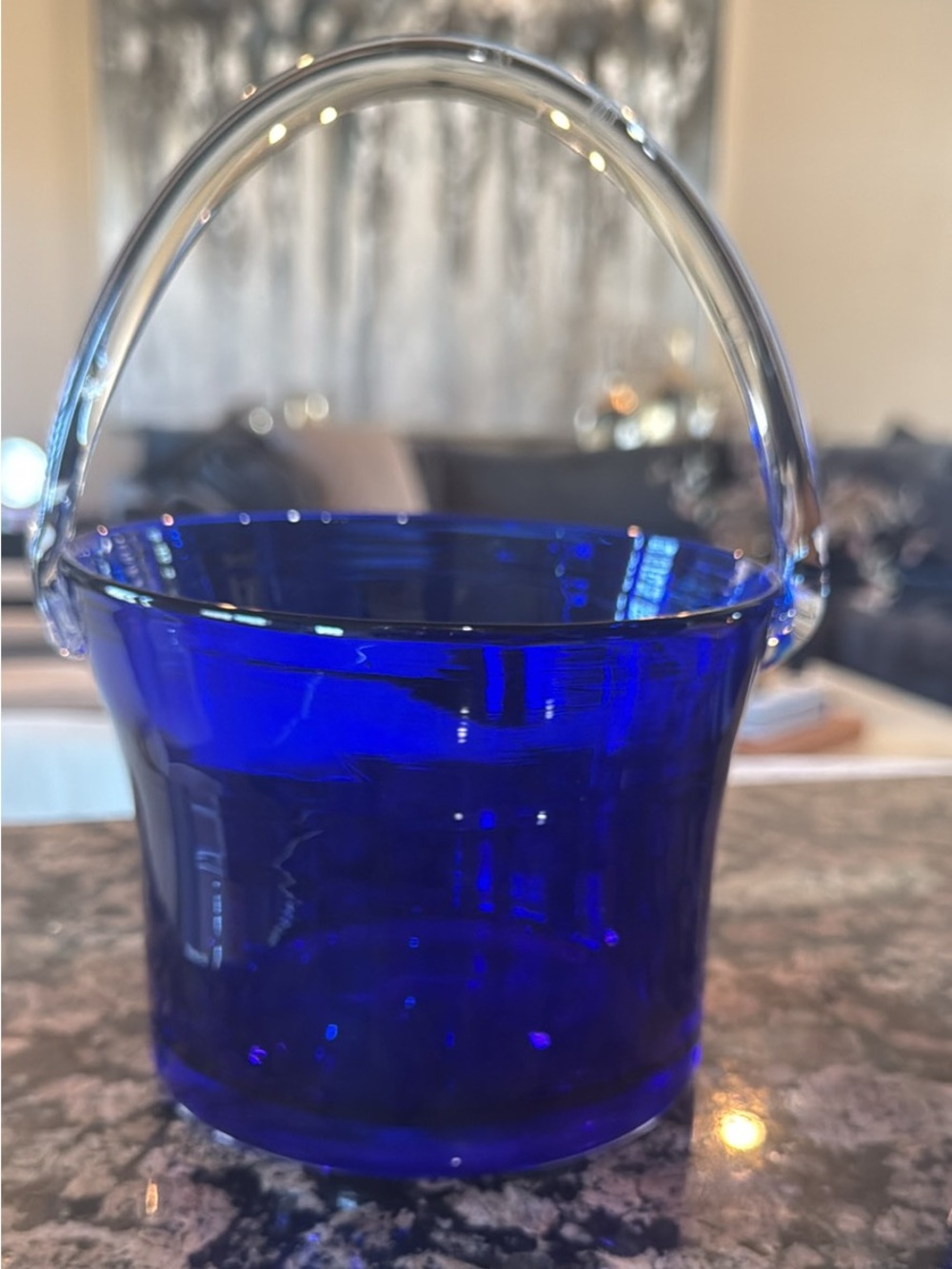 Vintage Cobalt Blue hand blown ice bucket with clear handle